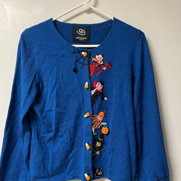 RARE!! Vintage Michelle Simon Royal Blue Cardigan Halloween Embroidery - Picture 1 of 15